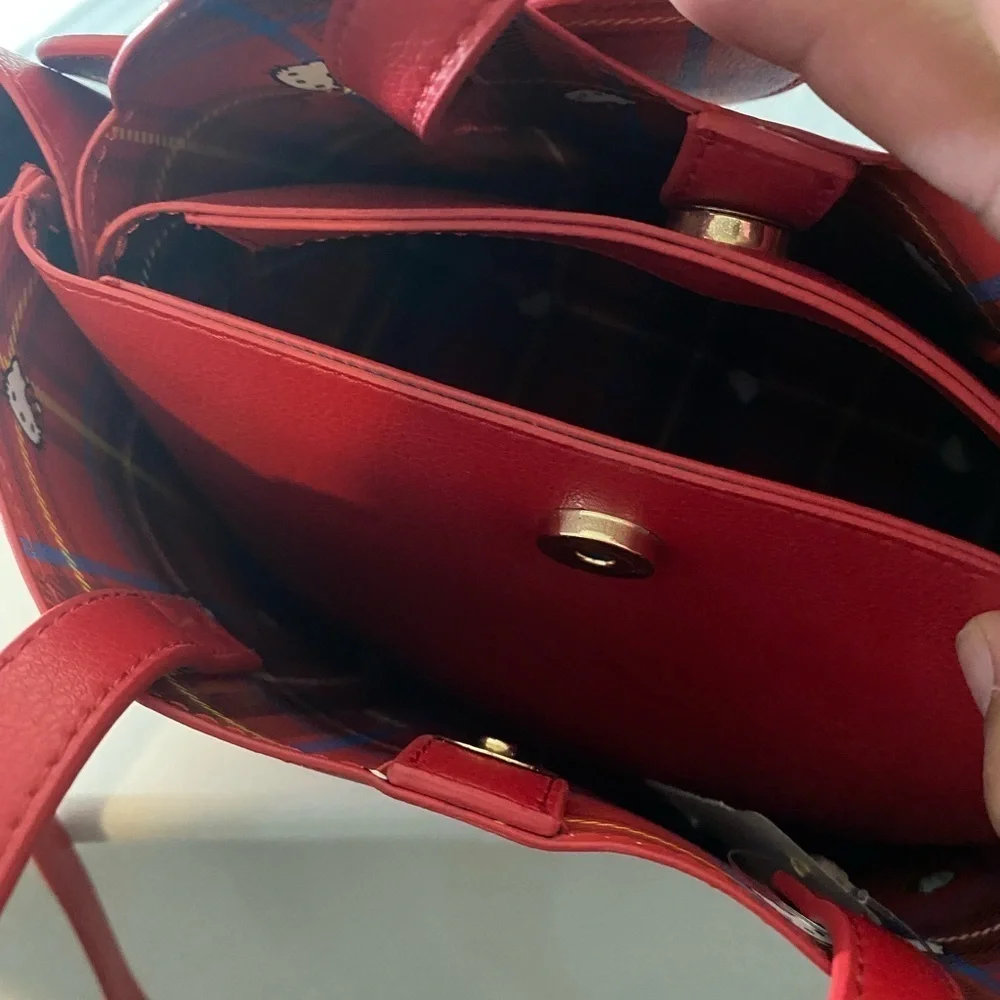 Sanrio Hello Kitty Red tote bag tartan check ribbon PU leather (rare)
